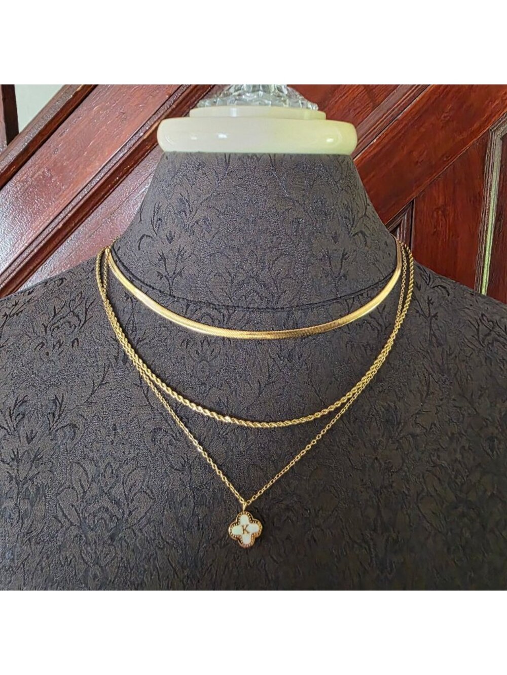 Doreen Layered Gold Necklace Set With Four-Leaf Clover "K" Pendant Gift New